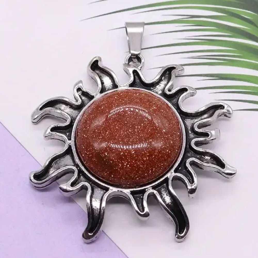 Gold Sandstone Natural Stone Sun Shaped Pendant Necklace Healing Gemstone